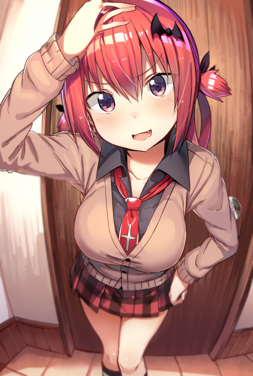 1girl 5240mosu :3 :d absurdres arm_up blush breasts cardigan eyebrows_visible_through_hair fang fisheye foreshortening gabriel_dropout hair_ornament hand_on_headwear highres indoors kneehighs kurumizawa_satanichia_mcdowell looking_at_viewer medium_breasts necktie open_mouth plaid plaid_skirt pleated_skirt redhead school_uniform short_twintails skirt smile solo twintails violet_eyes