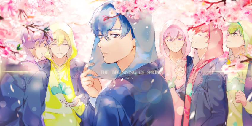 6+boys blonde_hair blue_eyes blue_hair brothers cherry_blossoms closed_eyes english f6 glasses green_eyes green_hair hood hoodie looking_back male_focus matsuno_choromatsu matsuno_ichimatsu matsuno_juushimatsu matsuno_karamatsu matsuno_osomatsu matsuno_todomatsu mery_(apfl0515) multiple_boys osomatsu-kun osomatsu-san petals pink_eyes pink_hair purple_hair redhead sextuplets siblings smile violet_eyes