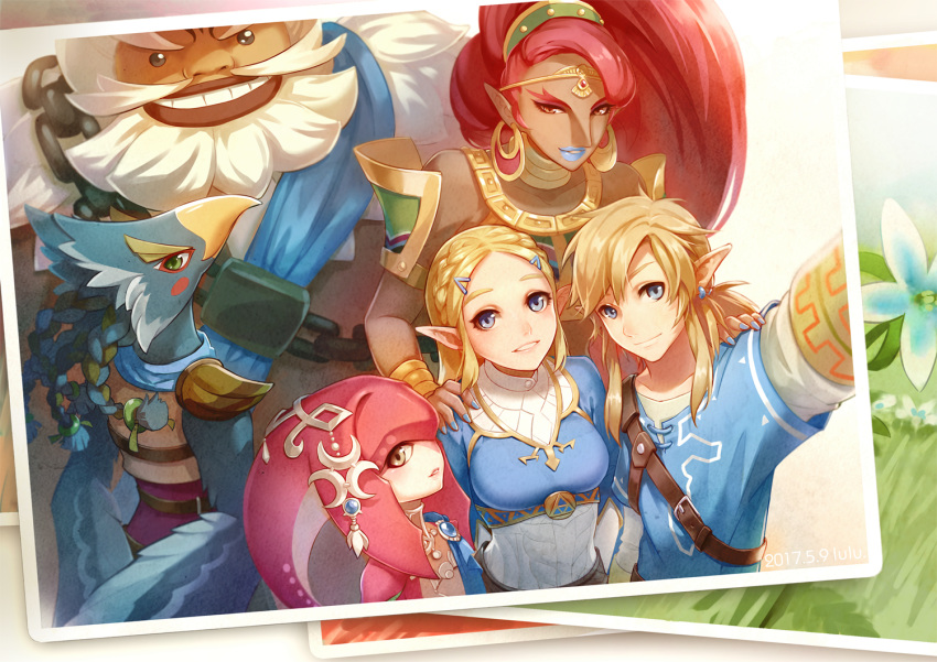 bird blonde_hair blue_eyes blush breasts dark_skin earrings fins fish_girl gerudo goron hair_ornament jewelry link long_hair looking_at_viewer mipha monster_girl multicolored multicolored_skin multiple_boys multiple_girls no_eyebrows photo pointy_ears ponytail princess_zelda red_skin redhead ruru_(lulubuu) smile the_legend_of_zelda the_legend_of_zelda:_breath_of_the_wild white_hair yellow_eyes zora