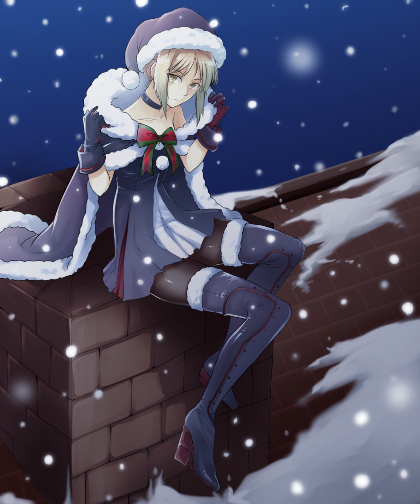 1girl bare_shoulders black_legwear blonde_hair boots cape chimney choker fate/grand_order fate_(series) fur-trimmed_boots fur-trimmed_cape fur_trim gloves hat high_heel_boots high_heels highres looking_at_viewer nekoperon pantyhose rooftop saber saber_alter santa_alter santa_hat snow snowing solo thigh-highs thigh_boots