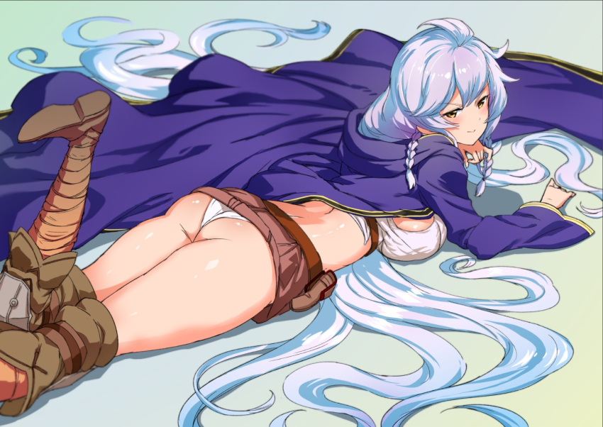 1girl ahoge ass belt braid breast_press breasts cape commentary crop_top crystal_shoujo eyebrows_visible_through_hair full_body granblue_fantasy hair_between_eyes large_breasts long_hair looking_at_viewer lying midriff on_stomach panties pantyshot pantyshot_(lying) silva_(granblue_fantasy) silver_hair skirt skirt_lift smile thighs twin_braids underwear very_long_hair yellow_eyes