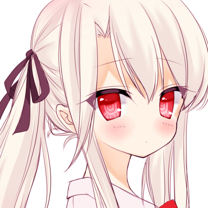 1girl bangs black_ribbon blush close-up closed_mouth commentary_request eyebrows_visible_through_hair fate/kaleid_liner_prisma_illya fate_(series) from_side hair_between_eyes hair_ribbon highres illyasviel_von_einzbern long_hair looking_at_viewer mimelond red_eyes ribbon sidelocks simple_background solo twintails upper_body white_background