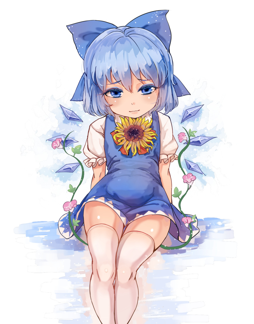 1girl :3 arms_at_sides bangs belly blue_dress blue_eyes blue_hair blush bow cirno colored_eyelashes dress eyebrows_visible_through_hair flower frilled_sleeves frills hair_between_eyes hair_bow head_tilt hidden_star_in_four_seasons highres ice ice_wings light_smile looking_at_viewer mofashi_beibei plant reflection shiny shiny_skin shirt short_dress short_hair sitting sleeveless sleeveless_dress solo sunflower thigh-highs touhou vines white_legwear white_shirt wings zettai_ryouiki