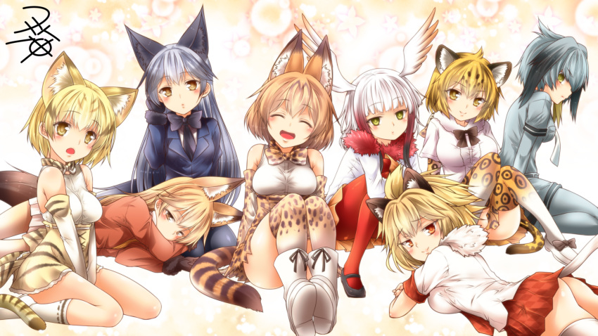 6+girls :d ^_^ animal_ears ass bangs bare_shoulders black_gloves black_hair black_legwear blonde_hair blunt_bangs blush boots bow bowtie breasts cat_ears cat_tail closed_eyes elbow_gloves eyebrows_visible_through_hair ezo_red_fox_(kemono_friends) fox_ears fox_tail fur_collar fur_trim gloves grey_hair grey_legwear grey_shirt grey_shorts hair_between_eyes head_wings high-waist_skirt highres jacket jaguar_(kemono_friends) jaguar_ears japanese_crested_ibis_(kemono_friends) kemono_friends lap_pillow lion_(kemono_friends) lion_ears lion_tail long_hair long_sleeves looking_at_viewer lying mary_janes medium_breasts multicolored_hair multiple_girls necktie no_panties on_side on_stomach open_mouth pantyhose pleated_skirt red_legwear redhead sand_cat_(kemono_friends) serval_(kemono_friends) serval_ears serval_print serval_tail shirt shoebill_(kemono_friends) shoes short_hair short_sleeves shorts silver_fox_(kemono_friends) silver_hair sitting skirt sleeveless sleeveless_shirt smile streaked_hair striped_tail tail thigh-highs two-tone_hair v_arms white_hair white_legwear white_shirt yellow_eyes yua_(checkmate)