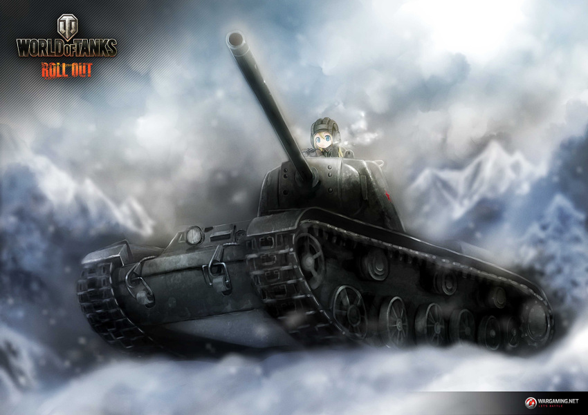 1girl blonde_hair blue_eyes clouds ground_vehicle highres kei_(keigarou) kv-1 long_hair military military_vehicle motor_vehicle mountain sky snow snowing tank wargaming_japan world_of_tanks