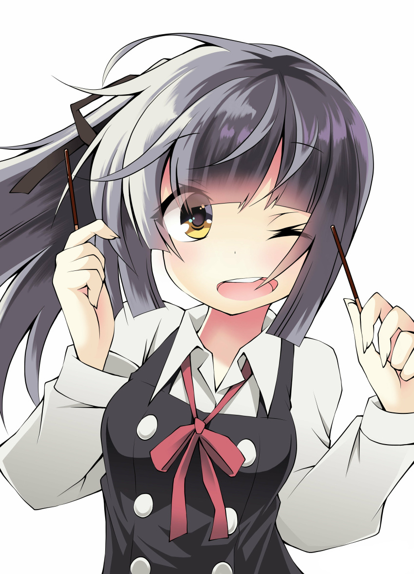 1girl absurdres black_dress dress food grey_hair highres holding holding_food kantai_collection kasumi_(kantai_collection) long_hair long_sleeves one_eye_closed open_mouth pinafore_dress pocky remodel_(kantai_collection) sakakiba_misogi shirt side_ponytail simple_background smile solo teeth white_background white_shirt yellow_eyes