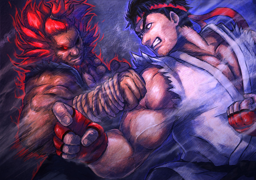 2boys aura battle black_sclera dark_skin dougi fighting_stance glowing glowing_eye gouki headband long_hair male_focus messy_hair multiple_boys muscle nobubu punching red_eyes redhead ryuu_(street_fighter) street_fighter street_fighter_v topknot