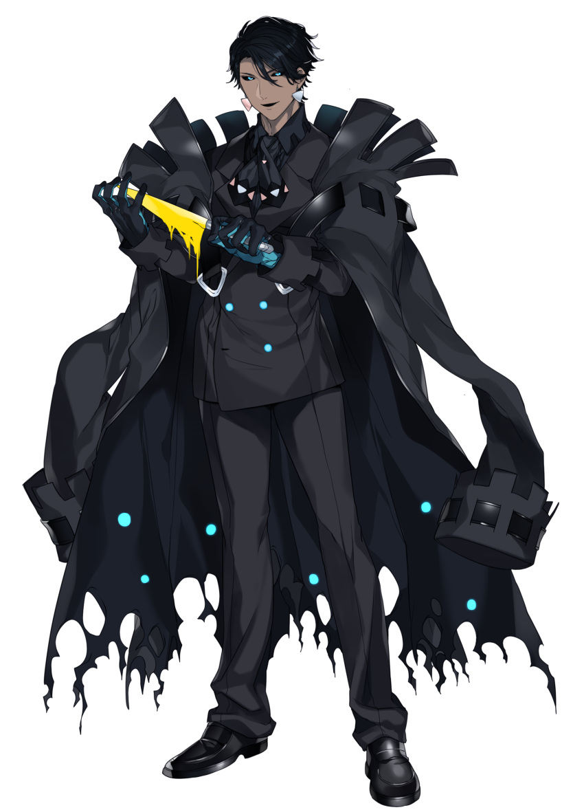 1boy absurdres alternate_color black_hair black_pants black_sclera blue_eyes boots buttons coat dark_skin earrings full_body gloves highres jewelry katagiri_hachigou long_coat long_sleeves looking_at_viewer male_focus overcoat palossand pants personification pokemon shiny_pokemon shoes simple_background smile smirk solo torn_clothes white_background