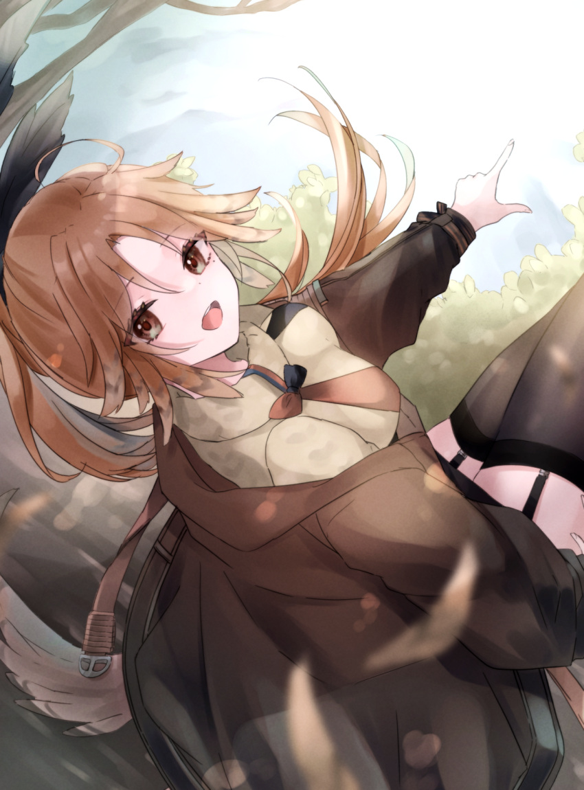 1girl :d ahoge aran_sweater arknights black_eyes black_legwear blue_bow bow breasts brown_jacket brown_sweater eyebrows_behind_hair feather_hair from_above garter_straps highres jacket large_breasts looking_at_viewer open_clothes open_jacket open_mouth orange_bow orange_hair pinecone_(arknights) pointing ponytail saiko_(saisaka) smile solo sweater thigh-highs two-tone_bow