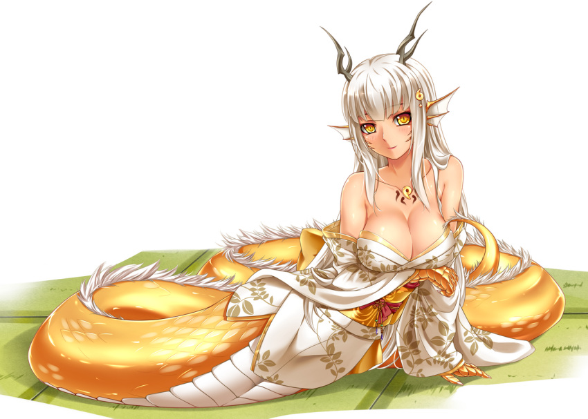 1girl bare_shoulders breasts cleavage dragon dragon_girl eastern_dragon hair_ornament head_fins horns japanese_clothes kimono large_breasts long_hair looking_at_viewer magatama midnight_(banyex) monster_girl monster_girl_encyclopedia ryuu_(monster_girl_encyclopedia) scales simple_background slit_pupils solo tattoo white_hair yellow_eyes