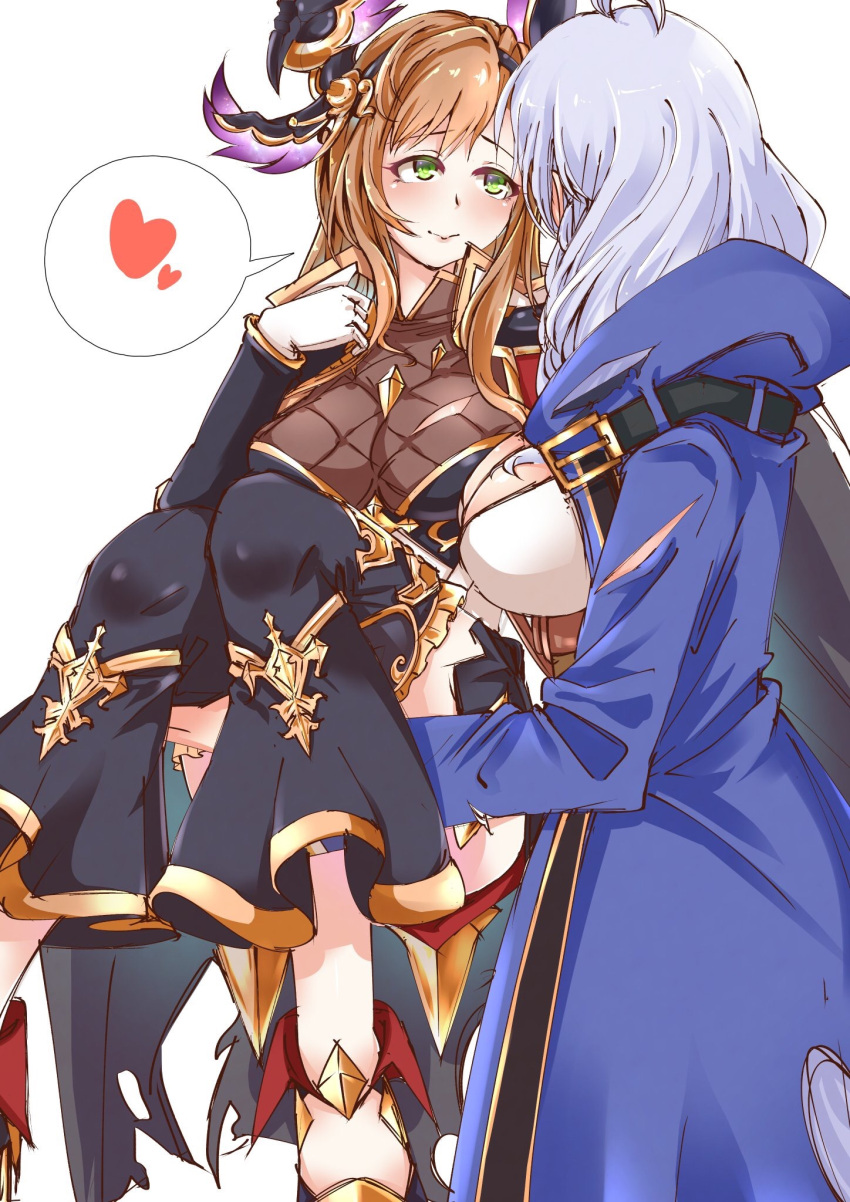 2girls ahoge blush breasts brown_hair cape carrying gloves granblue_fantasy green_eyes hair_ornament hairband head_wings heart highres long_coat long_hair looking_at_another multiple_girls princess_carry silva_(granblue_fantasy) silver_hair song_(granblue_fantasy) spoken_heart yuri