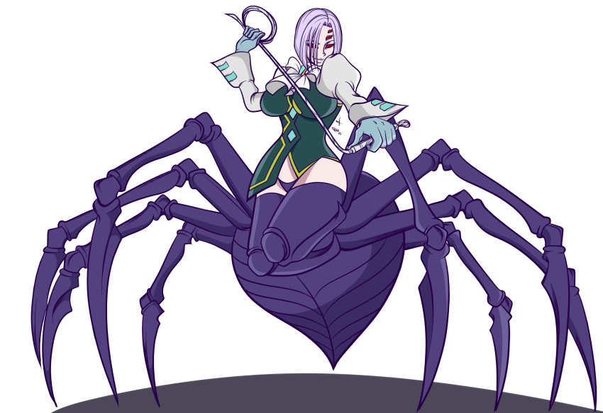 1girl absurdres arachne breasts claws cosplay crossover extra_eyes formal frank_araya gloves gyakuten_saiban highres insect_girl karuma_mei karuma_mei_(cosplay) large_breasts lavender_hair monster_girl monster_musume_no_iru_nichijou multiple_legs rachnera_arachnera red_eyes short_hair smile spider_girl suit whip