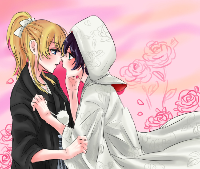2girls ayase_eli blonde_hair blue_eyes bride e_len eye_contact green_eyes hood japanese_clothes kimono long_hair looking_at_another love_live! love_live!_school_idol_project multiple_girls ponytail purple_hair toujou_nozomi twintails uchikake wedding wife_and_wife yuri