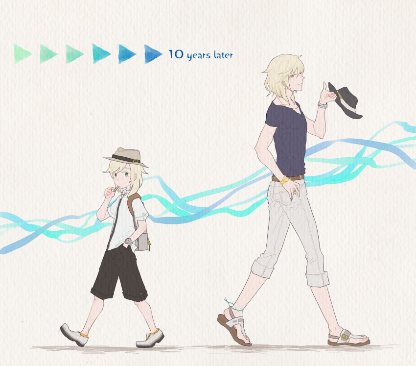 1boy age_comparison backpack bag belt blonde_hair bracelet capri_pants dual_persona earrings food_in_mouth hand_in_pocket hat highres jewelry male_protagonist_(pokemon_sm) older pants platinum_blonde pocket pokemon pokemon_(game) pokemon_sm sandals torikamaboko z-ring