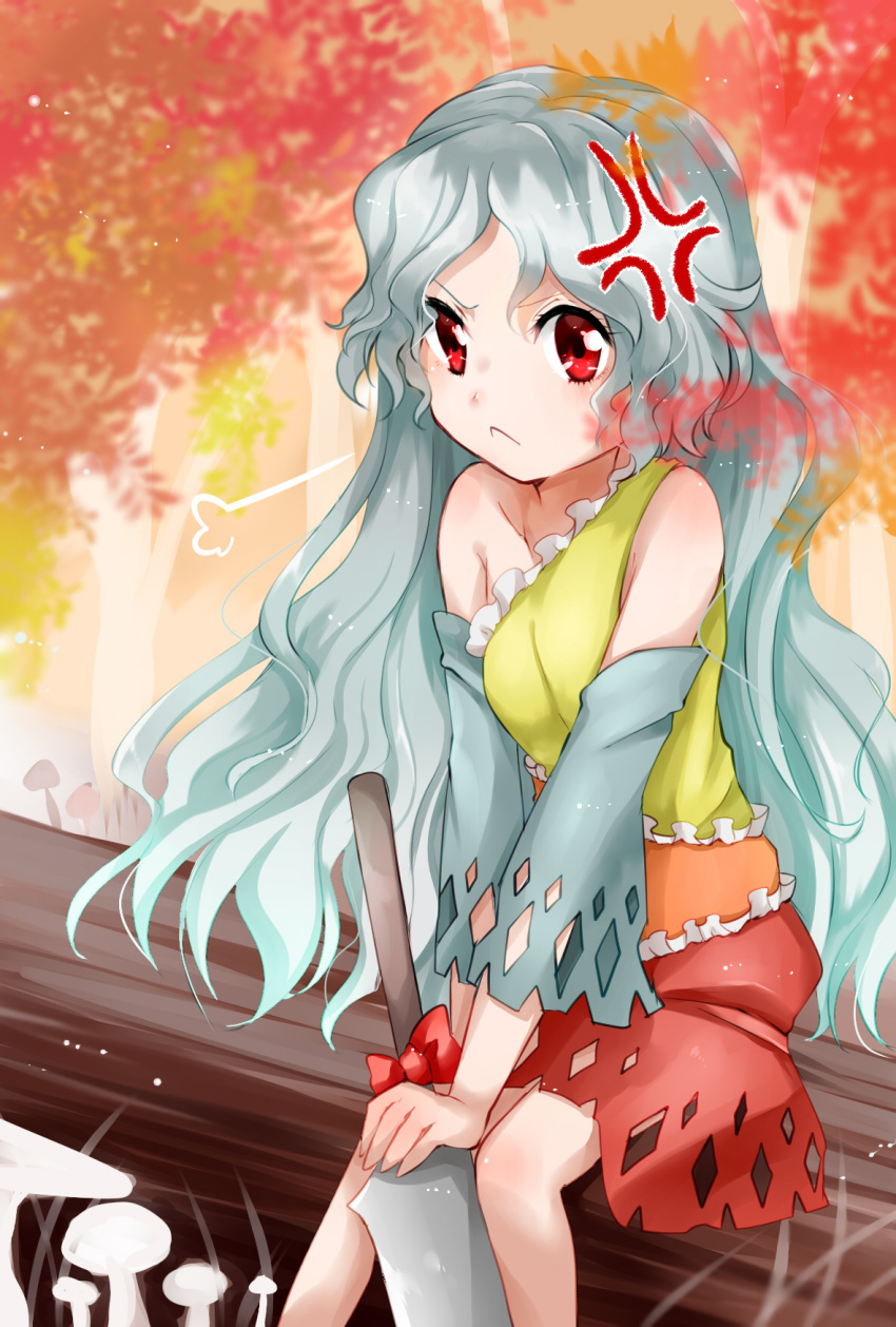 &gt;:&lt; 1girl anger_vein autumn_leaves bare_shoulders blouse breasts cleaver closed_mouth detached_sleeves forest frown grey_hair hands_together hidden_star_in_four_seasons highres kanonari knees_together_feet_apart leaf leaf_background log long_hair looking_at_viewer mushroom nature pout red_eyes sakata_nemuno sitting skirt solo touhou tree wavy_hair