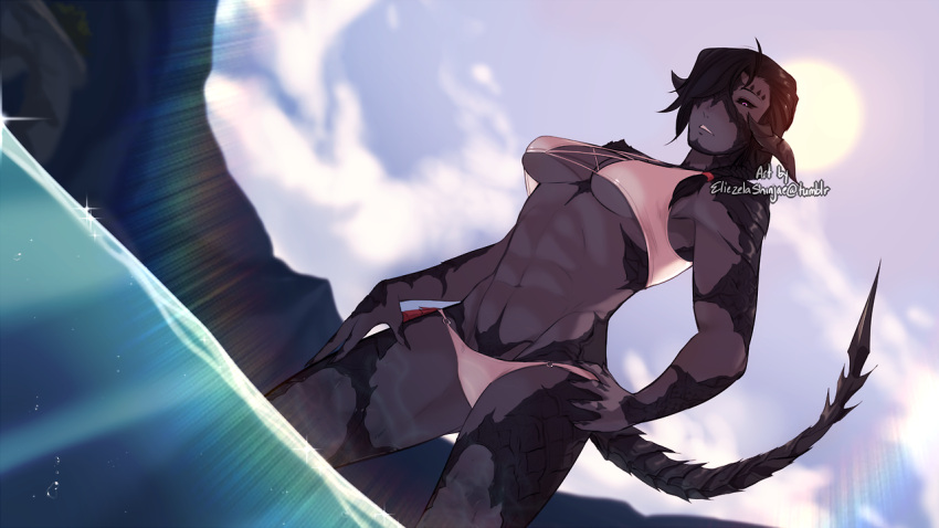1girl au_ra bikini black_hair black_sclera breasts dark_skin dragon_girl dragon_horns dragon_tail eliezela_shinjae final_fantasy final_fantasy_xiv from_below hair_over_one_eye horns long_hair looking_at_viewer muscle muscular_female red_eyes scales signature solo standing swimsuit tail under_boob water