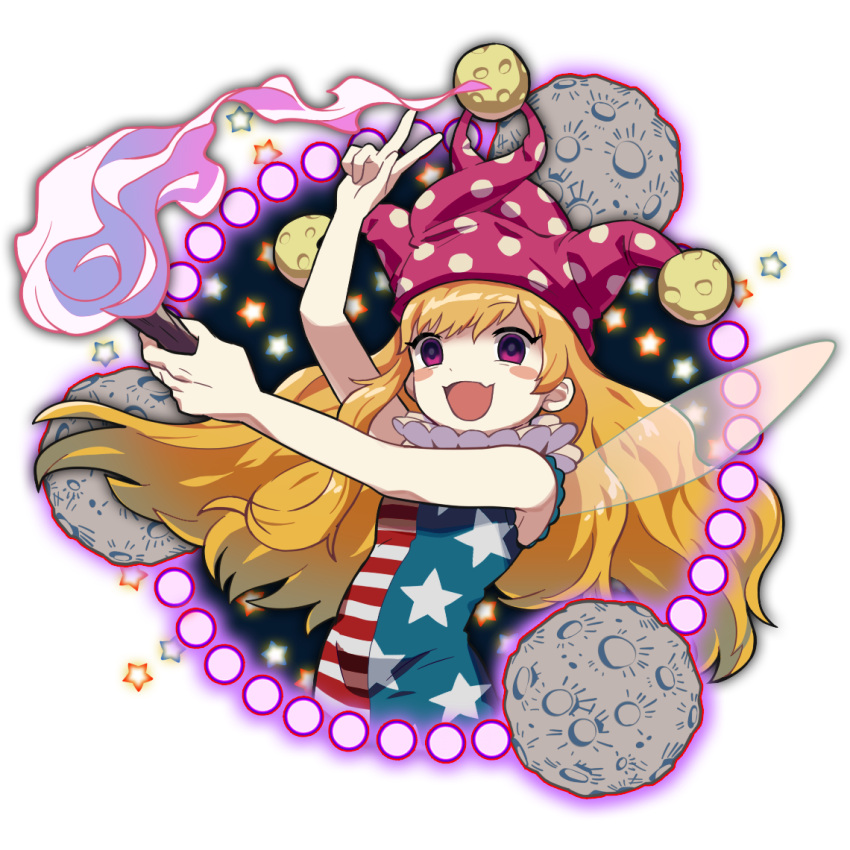 1girl american_flag_dress bare_arms blonde_hair blush_stickers clownpiece danmaku de dress fairy_wings fire hat jester_cap long_hair moon neck_ruff open_mouth pale_skin polka_dot sleeveless sleeveless_dress smile solo star star_print striped torch touhou transparent_background v very_long_hair violet_eyes wings