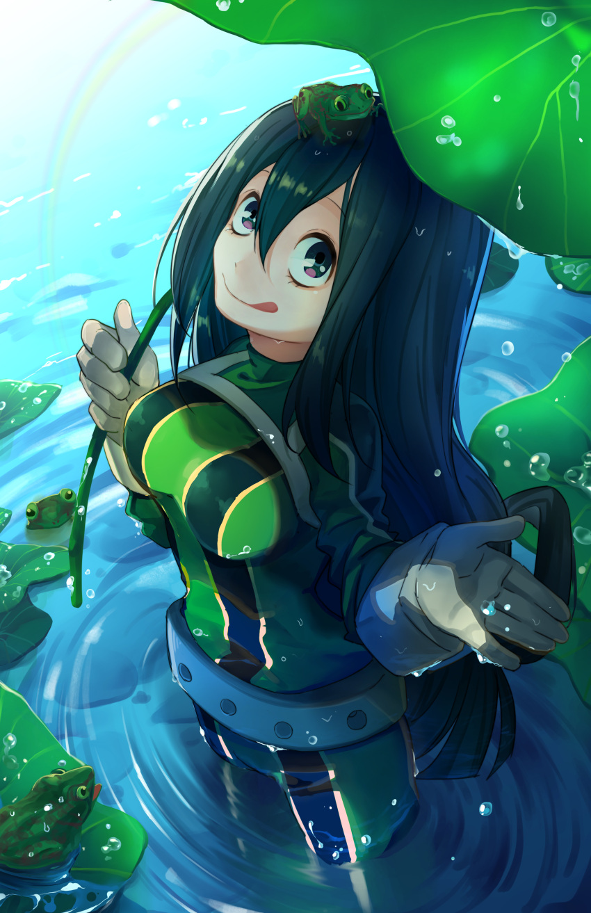 1girl :q absurdres animal animal_on_head artist_request asui_tsuyu belt black_eyes black_hair bodysuit boku_no_hero_academia breasts closed_mouth frog frog_girl from_above gloves green_bodysuit green_eyes hair_between_eyes highres holding leaf leaf_umbrella lily_pad long_hair looking_at_viewer looking_up luo_jie medium_breasts on_head partially_submerged rainbow revision ripples smile solo tongue tongue_out violet_eyes wading water wet wet_clothes wet_hair white_gloves