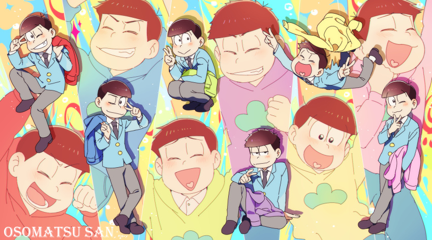 6+boys :&gt; ;3 ^_^ artist_name brothers brown_eyes brown_hair closed_eyes copyright_name double_v formal grin highres hood hoodie male_focus matsuno_choromatsu matsuno_ichimatsu matsuno_juushimatsu matsuno_karamatsu matsuno_osomatsu matsuno_todomatsu mery_(apfl0515) multiple_boys necktie open_mouth osomatsu-kun osomatsu-san sextuplets siblings sitting smile squatting suit v