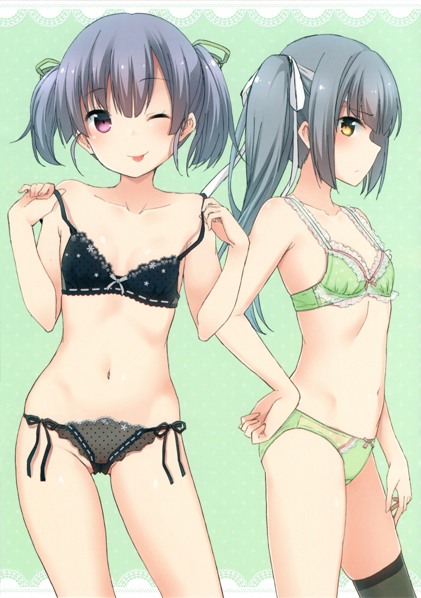 2girls :p absurdres bangs bare_arms bare_shoulders black_hair bow bow_bra bow_panties bra breasts eyebrows_visible_through_hair frown green_background grey_hair hair_ribbon headband highres kantai_collection kasumi_(kantai_collection) lace lace-trimmed_bra lace-trimmed_panties looking_at_viewer multiple_girls nagami_yuu navel ooshio_(kantai_collection) panties pink_eyes ribbon scan short_hair side_ponytail single_thighhigh small_breasts smile thigh-highs tongue tongue_out underwear winking yellow_eyes