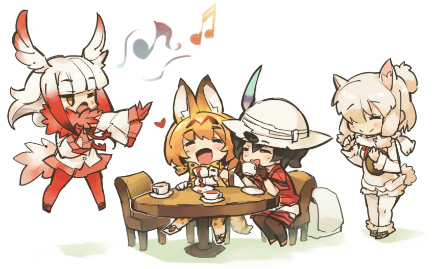 4girls ^_^ alpaca_ears alpaca_suri_(kemono_friends) animal_ears backpack bag black_hair black_legwear blonde_hair blush brown_eyes bucket_hat chair chibi closed_eyes closed_mouth cup extra_ears frilled_sleeves frills full_body gloves hair_over_one_eye hat hat_feather holding itukitasuku japanese_crested_ibis_(kemono_friends) kaban_(kemono_friends) kemono_friends long_hair long_sleeves multiple_girls music open_mouth outstretched_arms pantyhose plated red_gloves red_legwear red_shirt redhead serval_(kemono_friends) serval_ears serval_print serval_tail shirt short_sleeves shorts simple_background singing sitting smile standing table tail teacup tray white_background white_hair