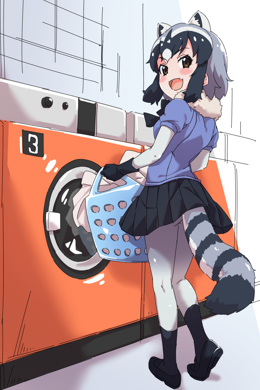 1girl animal_ears black_hair blush bow bowtie commentary_request common_raccoon_(kemono_friends) gloves highres karahai_(31448823) kemono_friends laundry_basket looking_at_viewer looking_back multicolored_hair open_mouth raccoon_ears raccoon_tail short_hair short_sleeves skirt solo tail washing_machine