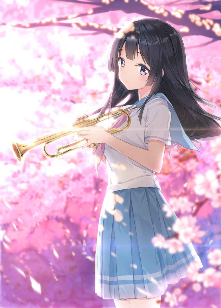 1girl absurdres bangs black_hair blue_skirt blurry blurry_background blush cherry_blossoms closed_mouth commentary cowboy_shot dappled_sunlight depth_of_field eyebrows_visible_through_hair fanqie_jidan from_side hibike!_euphonium highres holding holding_instrument instrument kousaka_reina long_hair looking_at_viewer looking_to_the_side medium_skirt neckerchief petals pink_neckerchief pleated_skirt revision school_uniform shirt short_sleeves skirt smile solo spring_(season) standing sunlight tree trumpet violet_eyes white_shirt