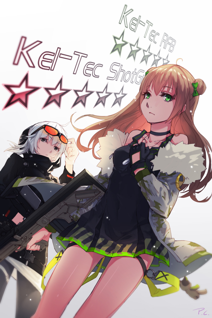 2girls absurdres ahoge brown_hair bullpup character_name dog_tags dress fingerless_gloves fur_trim girls_frontline glasses gloves green_eyes grey_eyes gun hand_on_own_chest highres hood hoodie jacket ksg_(girls_frontline) long_hair looking_at_viewer migime_no_yuugure multiple_girls rfb_(girls_frontline) rifle short_hair shotgun silver_hair sunglasses sunglasses_on_head trigger_discipline weapon