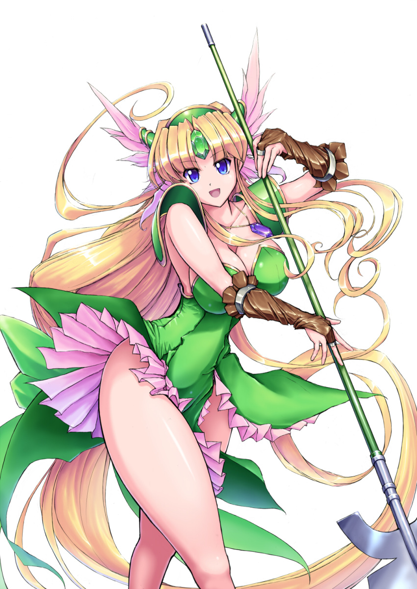 1girl :d absurdly_long_hair blonde_hair blue_eyes breasts bridal_gauntlets cleavage collarbone cowboy_shot dress forehead_jewel frilled_dress frills green_dress helmet highres holding holding_weapon jewelry large_breasts long_hair looking_at_viewer open_mouth pauldrons pelvic_curtain pendant polearm raochuu riesz seiken_densetsu seiken_densetsu_3 sidelocks simple_background smile solo spear strapless strapless_dress thighs tube_dress very_long_hair weapon white_background winged_helmet