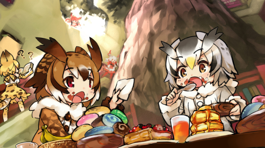 5girls ?? animal_ears banana black_hair blonde_hair blueberry book brown_eyes brown_hair butter cup drinking_glass eating elbow_gloves eurasian_eagle_owl_(kemono_friends) food food_on_face fruit fruit_pie gloves head_wings high-waist_skirt holding holding_book holding_spoon indoors itukitasuku japanese_crested_ibis_(kemono_friends) japari_bun kemono_friends long_sleeves looking_at_another multicolored_hair multiple_girls napkin northern_white-faced_owl_(kemono_friends) open_book open_mouth pancake pantyhose plate red_eyes red_legwear redhead scarlet_ibis_(kemono_friends) serval_(kemono_friends) serval_ears serval_print serval_tail shirt skirt sleeveless sleeveless_shirt slice_of_pie stack_of_pancakes stairs standing strawberry striped_tail sunlight syrup tail teacup thigh-highs tree white_hair white_shirt
