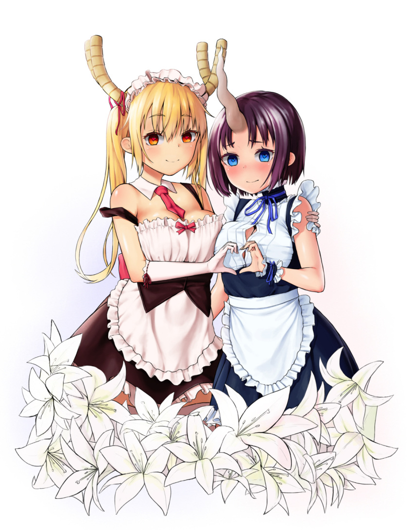 2girls agnam_ore alternate_costume apron bare_shoulders blonde_hair blue_eyes blush breasts detached_collar elbow_gloves elma_(maidragon) enmaided eyebrows_visible_through_hair flower flower_request gloves hand_on_another's_shoulder heart heart-shaped_pupils heart_hands heart_hands_duo highres horn horn_ribbon horns kobayashi-san_chi_no_maidragon large_breasts long_hair looking_at_viewer maid maid_headdress multiple_girls necktie orange_eyes purple_hair ribbon ribbon-trimmed_gloves ribbon_trim short_hair simple_background sleeveless smile symbol-shaped_pupils tintin tooru_(maidragon) waist_apron white_background white_gloves wrist_cuffs