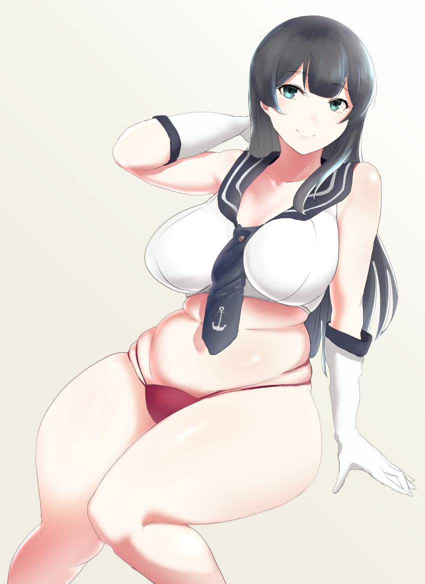 1girl absurdres agano_(kantai_collection) aqua_eyes arm_support between_breasts black_hair breasts closed_mouth collarbone elbow_gloves eyebrows_visible_through_hair gloves grey_background hand_behind_head highres hometa kantai_collection large_breasts long_hair looking_at_viewer necktie necktie_between_breasts panties plump red_panties sailor_collar simple_background sitting skindentation smile solo underwear white_gloves