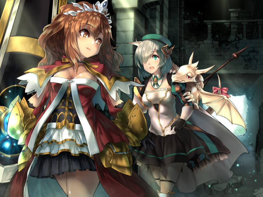 2girls :d animal animal_on_shoulder aqua_eyes aqua_hat armor black_gloves black_skirt braid breasts brown_eyes brown_hair brown_skirt claudia_(sennen_sensou_aigis) cleavage crown_braid dragon eye_contact gloves hair_ornament hair_over_one_eye hakumare highres long_hair looking_at_another multiple_girls open_mouth outdoors ruins sennen_sensou_aigis silver_hair skirt smile standing sunlight thigh_strap tiara tifa_(sennen_sensou_aigis) white_legwear