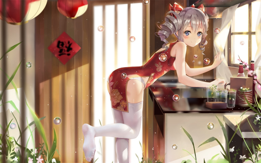 1girl blue_eyes bottle bow bubble china_dress chinese_clothes curtains dress drill_hair hair_bow highres honkai_impact indoors lantern leaning_forward looking_at_viewer meijin93 panties paper_lantern plant red_bow silver_hair sink smile solo standing thigh-highs twin_drills underwear white_legwear white_panties window