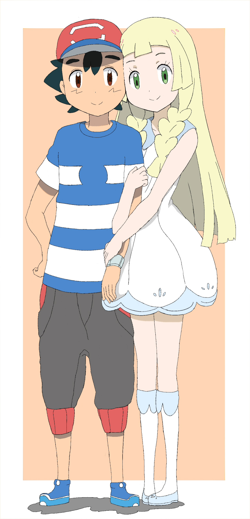 1boy 1girl absurdres black_hair blonde_hair brown_eyes female green_eyes highres kuriyama lillie_(pokemon) male pokemon pokemon_(anime) pokemon_(game) pokemon_sm pokemon_sm_(anime) satoshi_(pokemon)