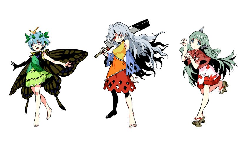 3girls :3 antennae aqua_hair bare_shoulders barefoot blouse blue_eyes blush breasts butterfly_wings cleaver curly_hair detached_sleeves eternity_larva full_body geta grey_hair hair_ornament hidden_star_in_four_seasons highres horn kariyushi_shirt komano_aunn leaf_hair_ornament long_hair looking_at_viewer multiple_girls open_mouth outstretched_arms over_shoulder paw_pose pink_eyes pointy_ears red_eyes sakata_nemuno seeker shirt short_hair shorts simple_background sketch skirt smile standing touhou weapon weapon_over_shoulder white_background wings