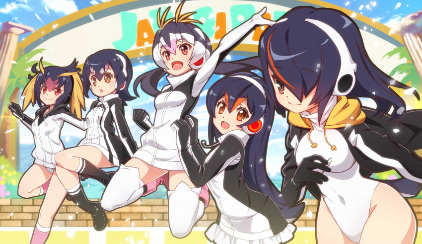 5girls :d arm_up black_boots black_eyes black_hair blonde_hair boots breasts brown_eyes clenched_hand closed_mouth column covered_navel day emperor_penguin_(kemono_friends) eyebrows_visible_through_hair from_side gentoo_penguin_(kemono_friends) groin hair_between_eyes hair_over_one_eye head_tilt headphones highleg highleg_leotard humboldt_penguin_(kemono_friends) jumping kemono_friends knee_boots kneehighs leg_up legs_up leotard long_hair medium_breasts multicolored_hair multiple_girls nyoronyoro open_mouth orange_hair outdoors outstretched_arm penguins_performance_project_(kemono_friends) pillar pink_boots pink_hair pink_legwear red_eyes rockhopper_penguin_(kemono_friends) royal_penguin_(kemono_friends) smile streaked_hair white_hair