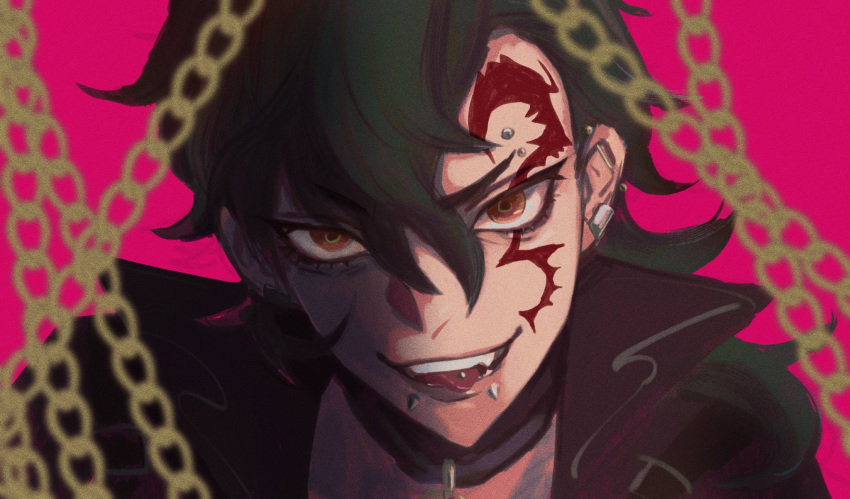 1boy ariisoo black_choker black_coat chain choker coat collar earrings facial_tattoo fire_emblem fire_emblem_engage green_hair griss_(fire_emblem) high_collar highres jewelry lip_piercing looking_at_viewer piercing pink_background red_eyes single_earring tattoo tongue_piercing