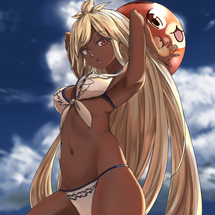 1girl armpits arms_up bikini blonde_hair breasts cleavage dark_skin granblue_fantasy highres long_hair looking_at_viewer medium_breasts navel open_mouth red_eyes solo swimsuit the_order_grande very_long_hair wet yhes70903