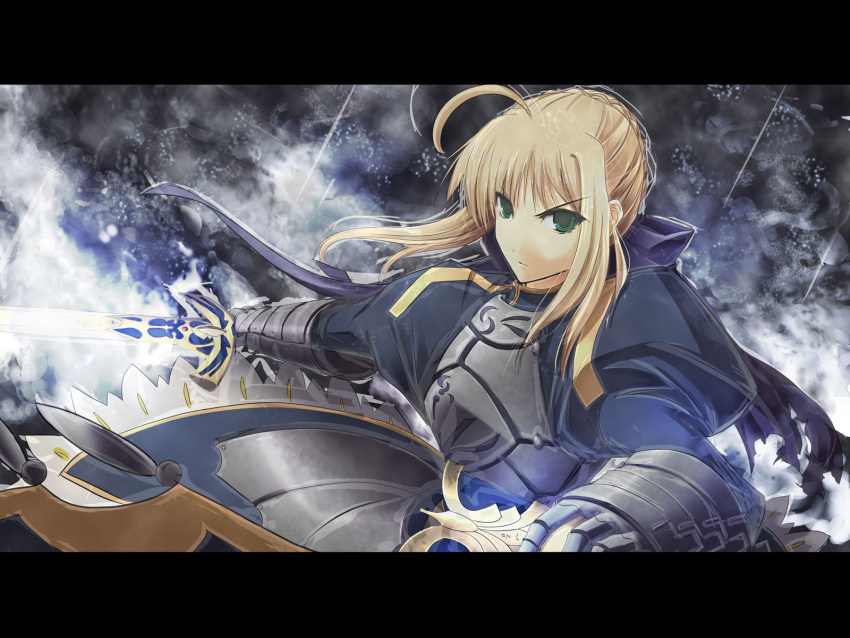 1girl ahoge armor blonde_hair fate/stay_night fate_(series) gauntlets green_eyes highres letterboxed long_sleeves looking_at_viewer saber satomi solo sword weapon