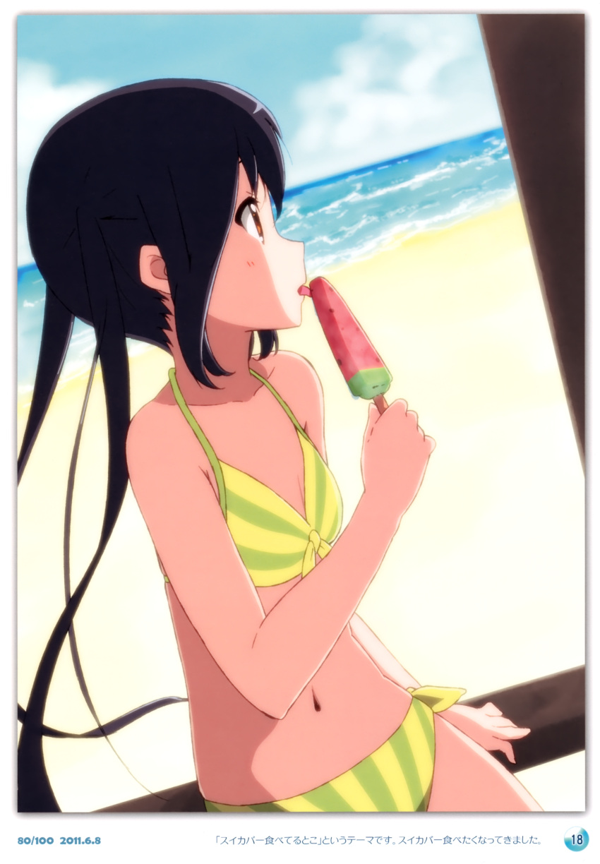 1girl absurdres black_hair blush brown_eyes errant food highres holding holding_food k-on! long_hair looking_away nakano_azusa navel popsicle solo tongue tongue_out twintails
