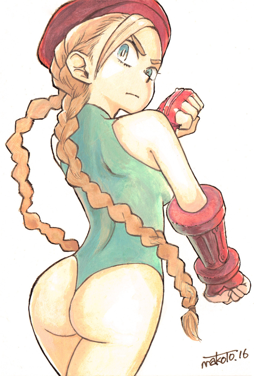 &gt;:( 1girl antenna_hair ass back bare_legs bare_shoulders beret blonde_hair blue_eyes braid bright_pupils cammy_white clenched_hands cowboy_shot eyebrows fingerless_gloves from_behind gloves hand_up hat highleg highleg_leotard highres leotard long_hair looking_at_viewer looking_back outstretched_arm serious signature simple_background sleepinwasher sleeveless solo street_fighter thong_leotard twin_braids white_background