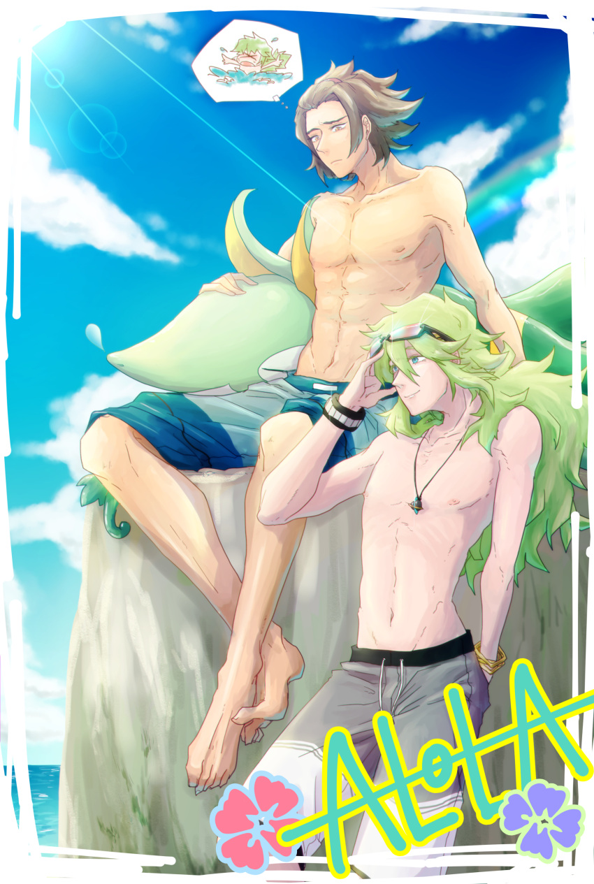 2boys abs absurdres areolae bangs_pinned_back barefoot blue_sky bracelet green_hair highres jewelry long_hair looking_at_another male_swimwear multiple_boys n_(pokemon) navel necklace nipples pokemon pokemon_(creature) pokemon_(game) pokemon_bw ponytail rock serperior sky sleeping swim_trunks swimwear thought_bubble toned toned_male torikamaboko touya_(pokemon) water