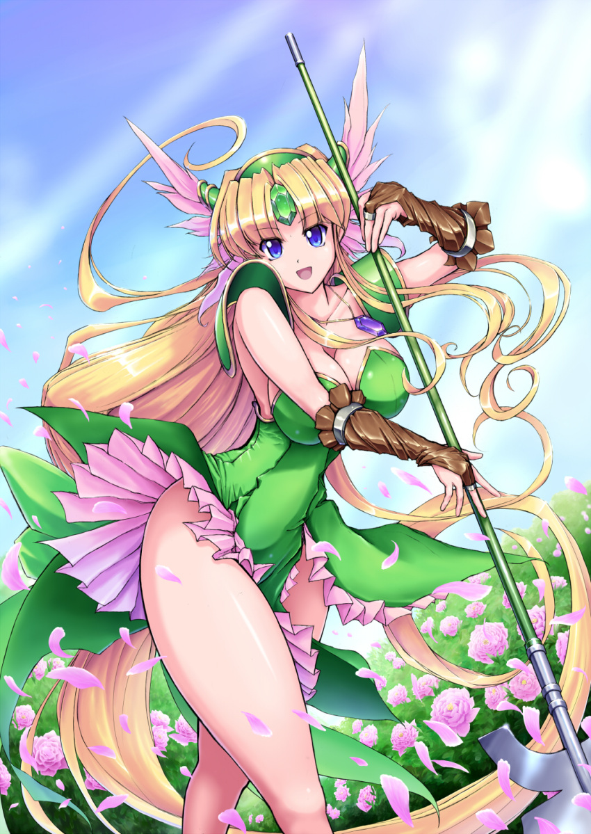1girl :d absurdly_long_hair blonde_hair blue_eyes blue_sky breasts bridal_gauntlets cleavage collarbone cowboy_shot day dress field flower flower_field forehead_jewel frilled_dress frills green_dress helmet highres holding holding_weapon jewelry large_breasts long_hair looking_at_viewer open_mouth pauldrons pelvic_curtain pendant pink_rose polearm raochuu riesz rose seiken_densetsu seiken_densetsu_3 sidelocks sky smile solo spear strapless strapless_dress thighs tube_dress very_long_hair weapon winged_helmet