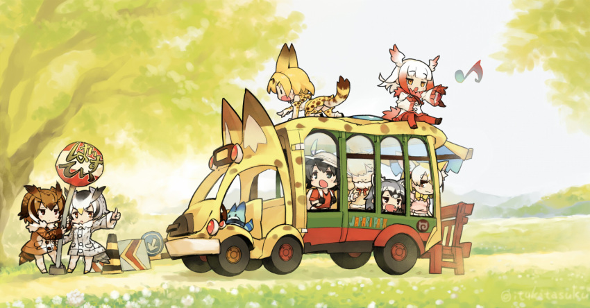 6+girls :3 ^_^ all_fours alpaca_suri_(kemono_friends) animal_ears backpack bag black_gloves black_hair blonde_hair blue_eyes blush bow bowtie brown_coat brown_eyes bucket_hat chibi closed_eyes closed_mouth coat common_raccoon_(kemono_friends) day directional_arrow elbow_gloves eurasian_eagle_owl_(kemono_friends) extra_ears eyebrows_visible_through_hair fang fennec_(kemono_friends) fox_ears frilled_sleeves frills from_side gloves grey_hair hair_between_eyes hat hat_feather head_wings high-waist_skirt holding holding_sign itukitasuku japanese_crested_ibis_(kemono_friends) japari_bus japari_symbol kaban_(kemono_friends) kemono_friends long_sleeves lucky_beast_(kemono_friends) multicolored_hair multiple_girls music musical_note northern_white-faced_owl_(kemono_friends) on_roof outdoors outstretched_arm pantyhose pink_sweater pointing profile red_gloves red_shirt redhead road_sign serval_(kemono_friends) serval_ears serval_print serval_tail shirt short_sleeves sign silver_coat singing sitting skirt sleeveless sleeveless_shirt smile standing striped_tail sweater tail thigh-highs traffic_cone tree white_hair white_legwear white_shirt wide_sleeves yellow_bow yellow_bowtie |_|