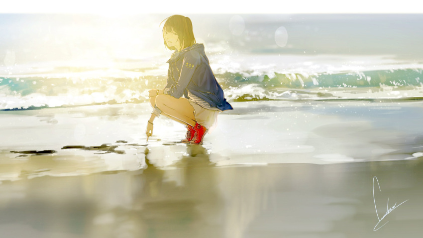 1girl artist_name bangs beach between_legs blue_jacket bracelet brown_eyes brown_hair clothes_writing commentary converse cross-laced_footwear day earrings from_side full_body hand_between_legs hand_on_lap highres hood hood_down hooded_jacket horizon horizontal_stripes jacket jewelry lens_flare light_particles long_sleeves looking_at_viewer loundraw miniskirt ocean open_clothes open_jacket open_mouth original outdoors red_shoes sand shirt shoelaces shoes short_hair signature skirt sleeves_rolled_up smile sneakers solo squatting striped striped_shirt sunlight watch watch water waves white_skirt wrist_straps