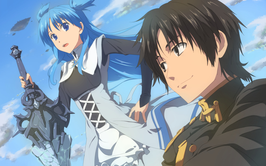 1boy 1girl bangs black_eyes black_hair blue_eyes blue_hair blue_sky chiharu_(9654784) chtholly_nota_seniorious day dress hand_on_hip highres holding holding_sword holding_weapon long_hair looking_at_another military military_uniform open_mouth short_hair shuumatsu_nani_shitemasu_ka? sky smile spoilers standing sword two_side_up uniform weapon what_do_you_do_at_the_end_of_the_world?_are_you_busy?_will_you_save_us? willem_kmetsch
