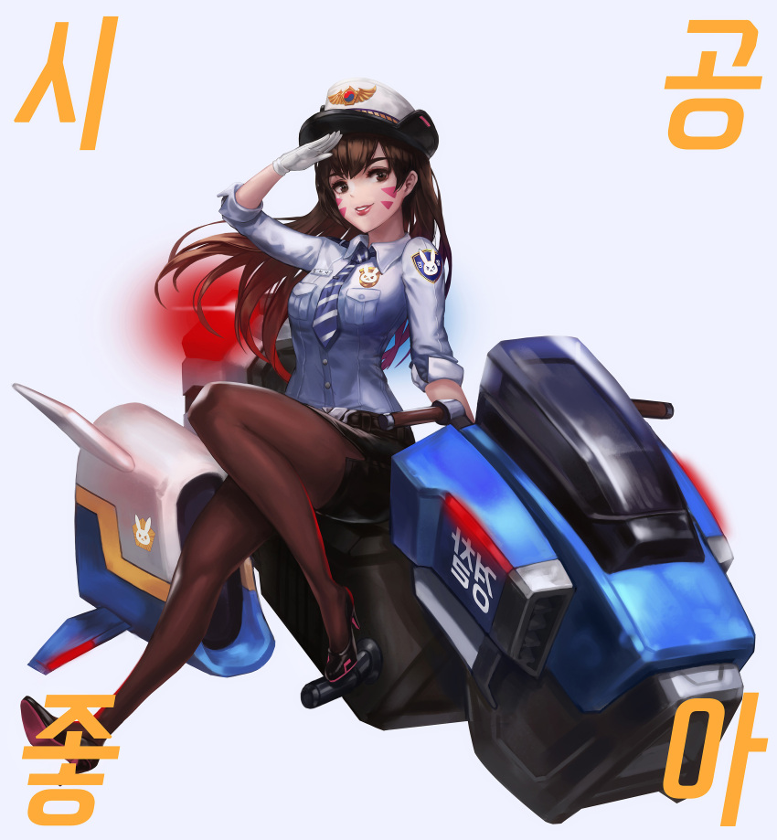 &gt;:3 1girl :3 :d absurdres alternate_costume animal_print arm_at_side bangs belt belt_buckle black_shoes black_skirt blue_shirt breast_pocket breasts brown_belt brown_eyes brown_hair brown_legwear buckle bunny_print buttons character_name collared_shirt commentary d.va_(overwatch) eyelashes facepaint facial_mark female_service_cap full_body gloves ground_vehicle hand_up high_heels highres impossible_necktie knee_up korean lipstick long_hair long_sleeves looking_at_viewer makeup miniskirt motor_vehicle motorcycle name_tag necktie officer_d.va open_mouth overwatch pantyhose parted_lips pink_lips pink_lipstick pocket police police_uniform policewoman qsun salute shirt shoes side_slit simple_background sitting skirt sleeves_rolled_up smile solo striped striped_necktie teeth tie_clip uniform vehicle whisker_markings white_gloves wing_collar