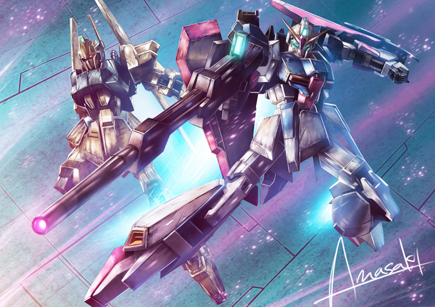 beam_rifle clenched_hand damaged energy_gun firing flying gundam hyaku_shiki mecha no_humans scratches shield signature thrusters wa-kun wings zeta_gundam zeta_gundam_(mobile_suit)