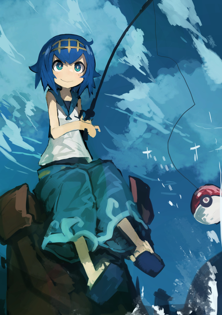 1girl absurdres baggy_pants blue_eyes blue_hair blue_sky clouds fishing_rod full_body hairband highres kaamin_(mariarose753) pants poke_ball pokemon pokemon_(game) pokemon_sm shirt sitting sky sleeveless sleeveless_shirt slippers smile solo suiren_(pokemon) swimsuit swimsuit_under_clothes trial_captain white_pupils